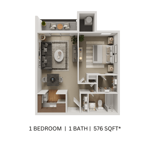 Floor plan for 1 bed, 1 bath, 576 sqft